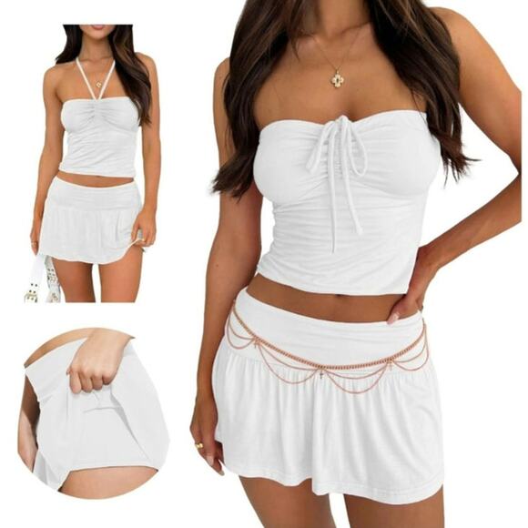 Summer 2 Pc Outfits Women Size Small Tie Ruched Crop Top Low Rise Mini Skort - Picture 1 of 7